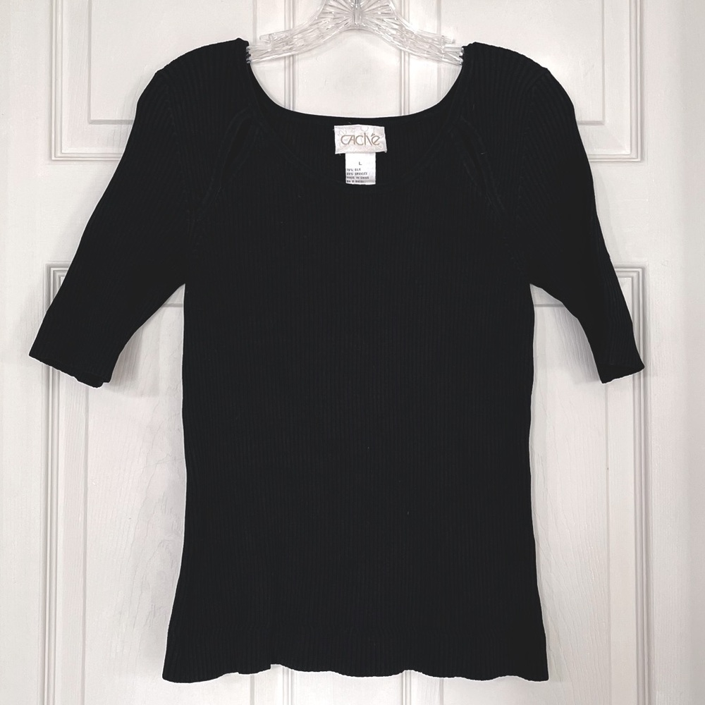 🌸 3/$25 Cache Black Ribbed Silk Blend Top with Neckline Cutout Detail, Size L